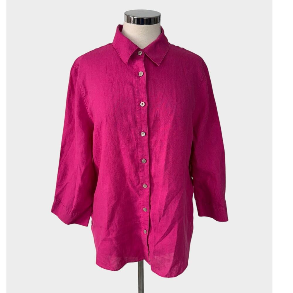 Chico's 2.5 US 14 L Linen Vibrant Fuchsia Pink Button Front Shirt 3/4 Sleeve